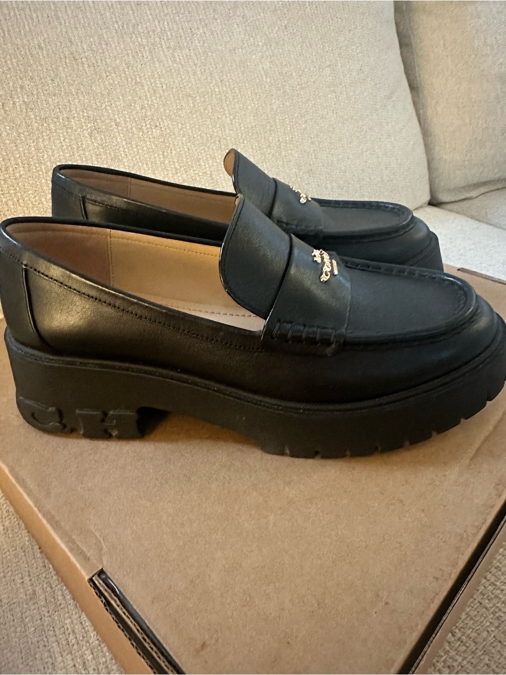 Coach Black Leather Penny Loafers with Gold Logo - Picture 3 of 9